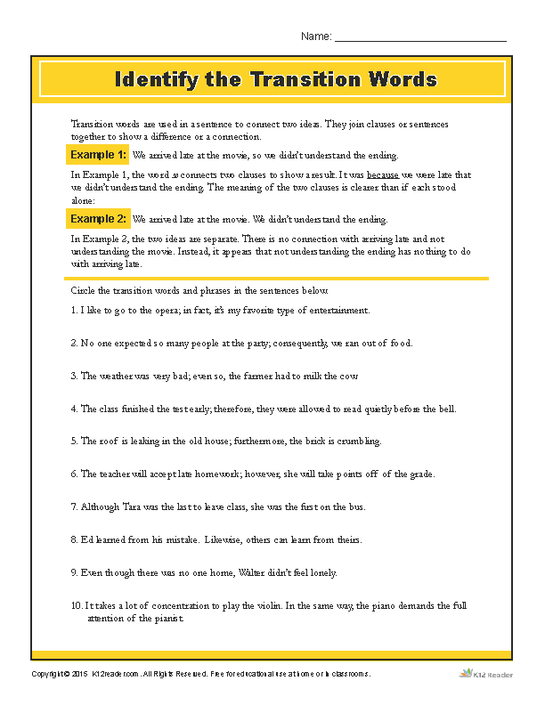transition words exercises worksheet