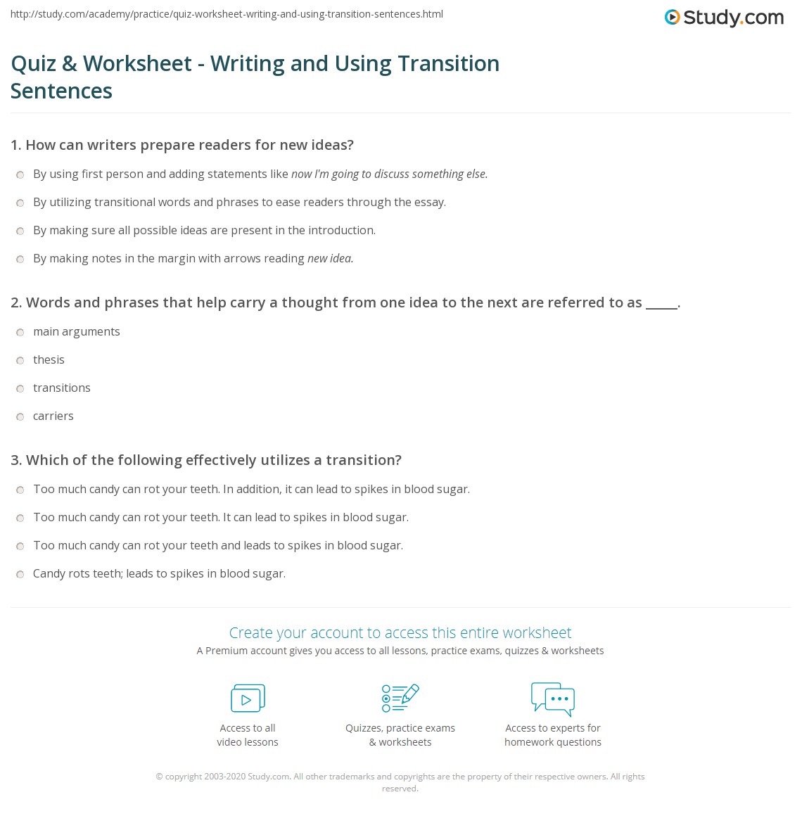 Quiz &  Worksheet - Writing and Using Transition Sentences | Study.com