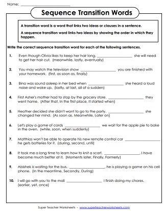 transitional words exercises worksheet