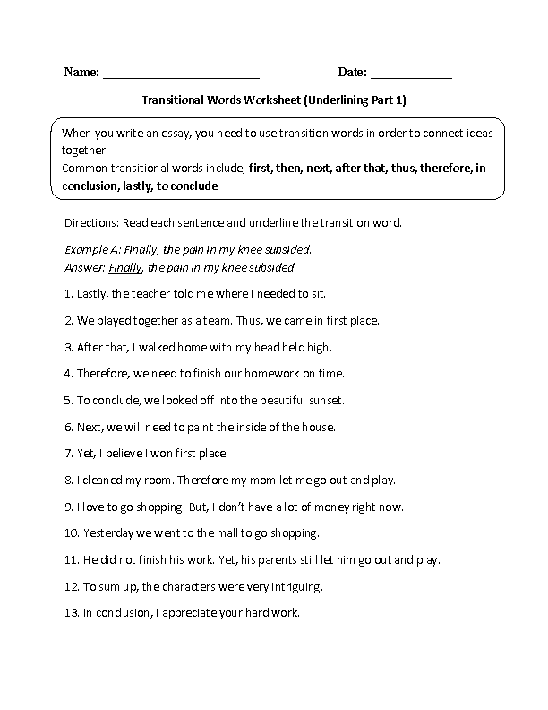 transitional words worksheet 4th grade