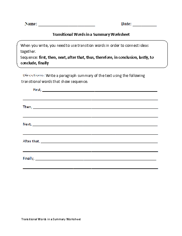 Transitional Words Worksheets | Transitional Words in a Summary ...