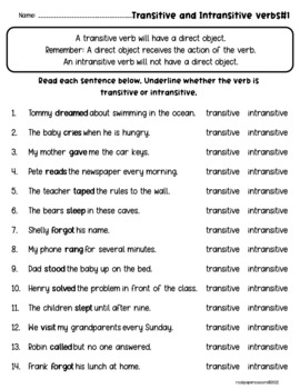 transitive and intransitive verbs worksheet grade 6