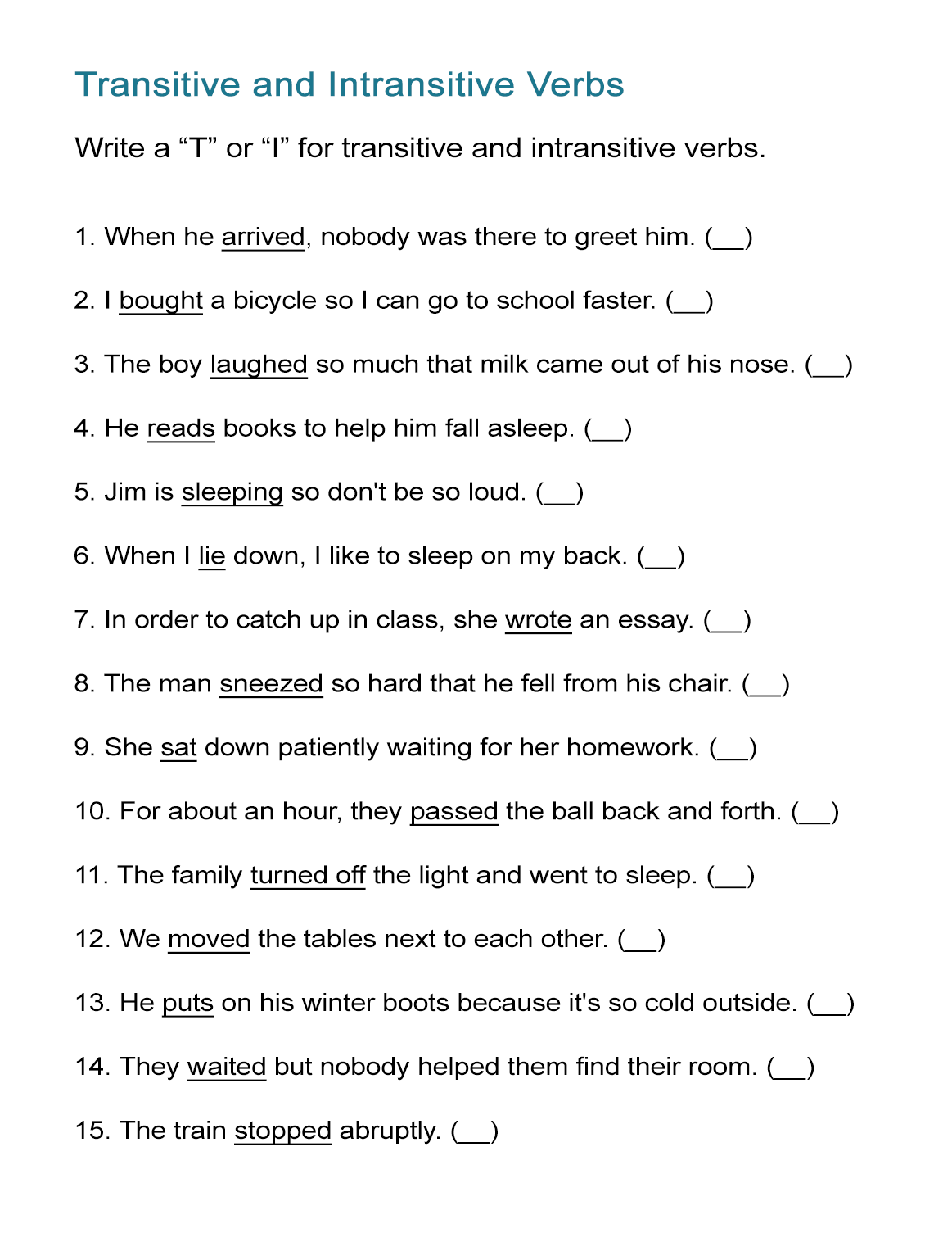 Transitive and Intransitive Verbs Worksheet - ALL ESL