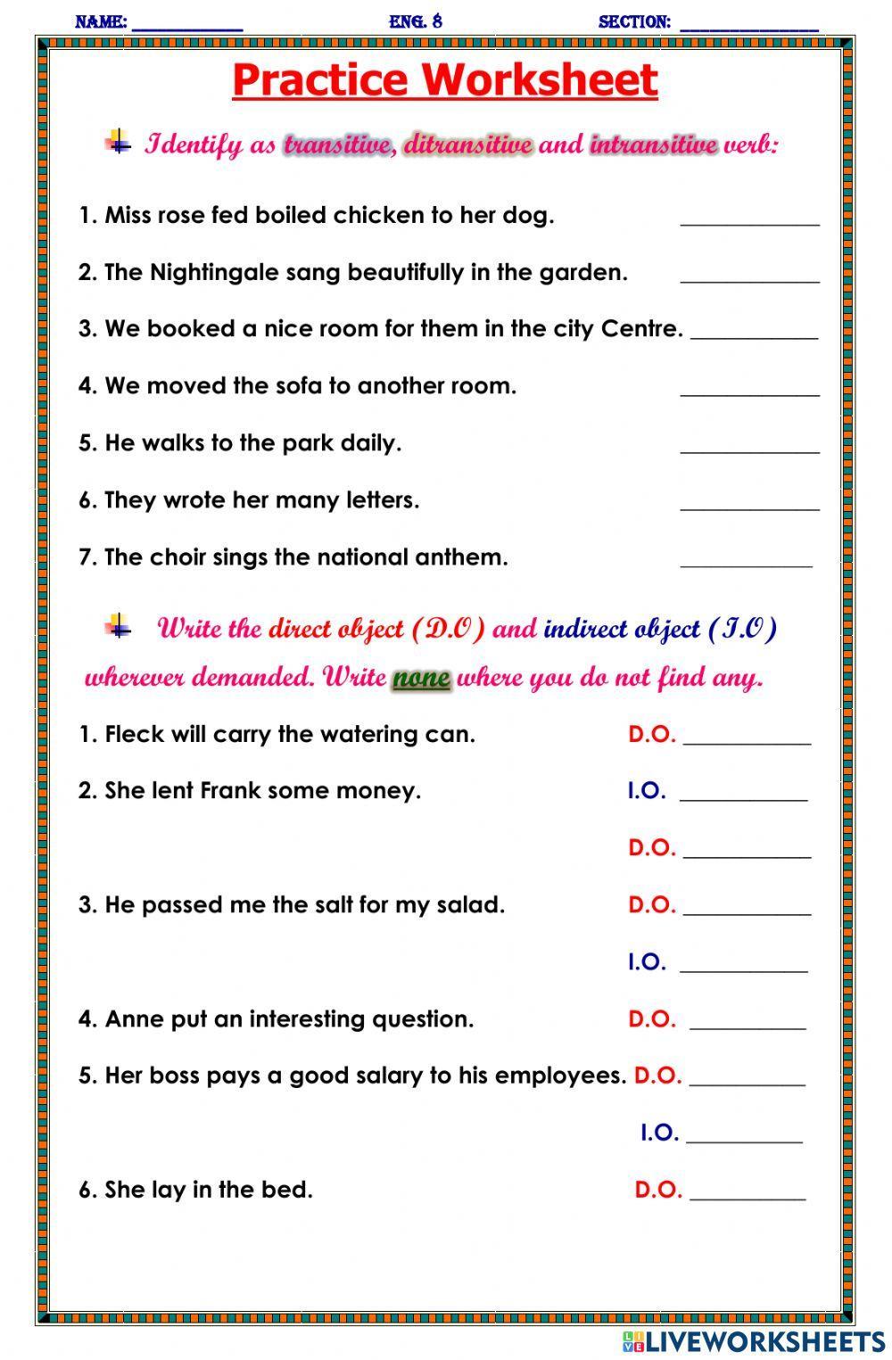 Transitive. Intransitive, Ditransitive Verbs worksheet | Live ...