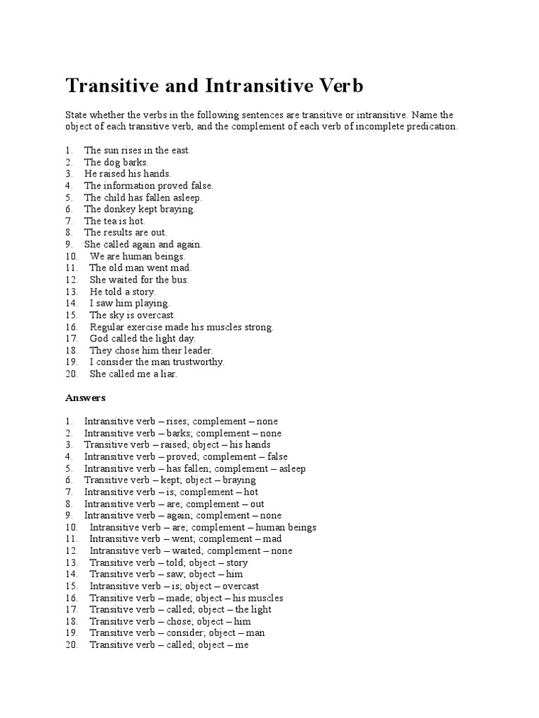 Transitive and Intransitive Verb: Answers | Download Free PDF ...