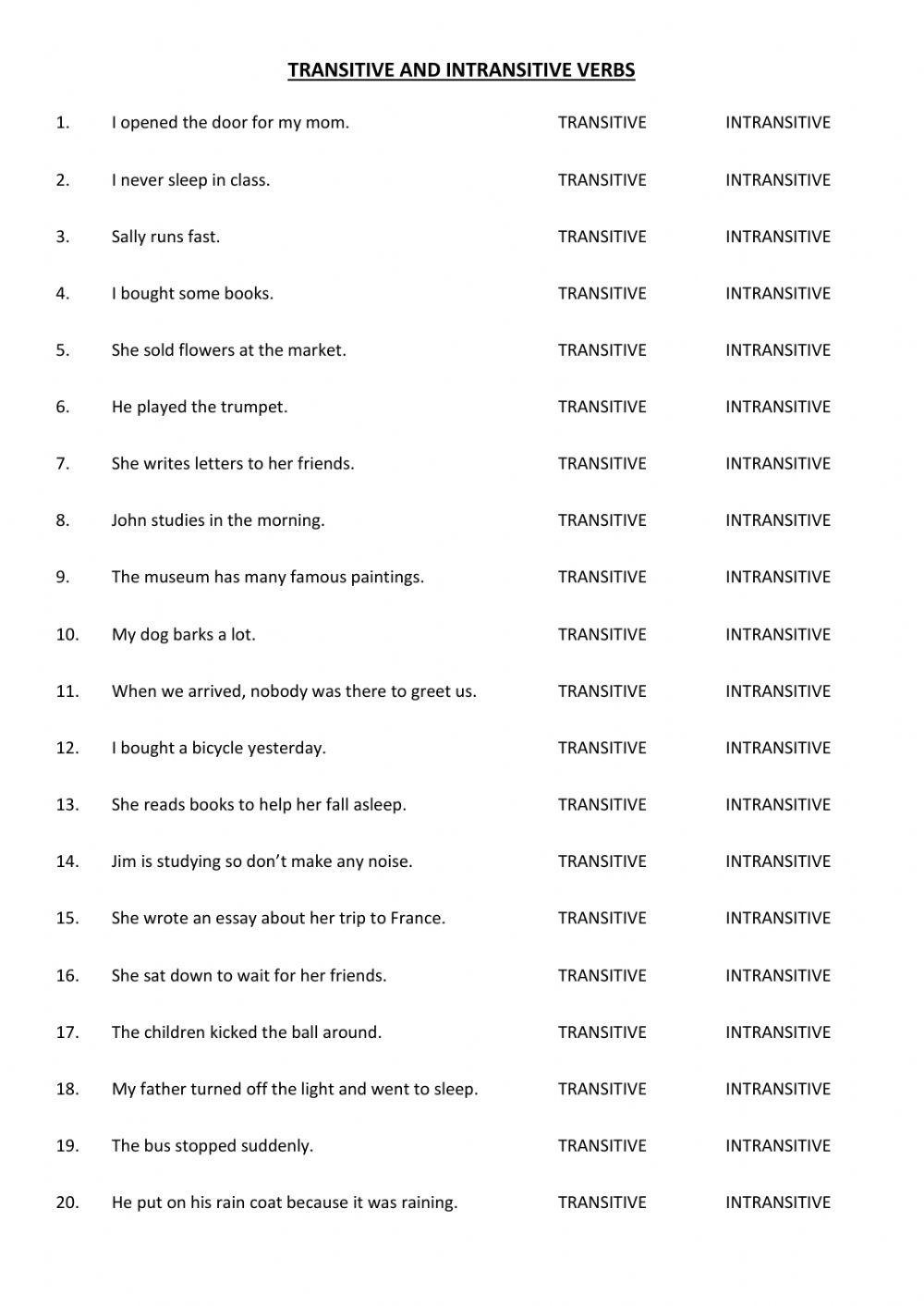 Transitive and Intransitive Verbs worksheet  