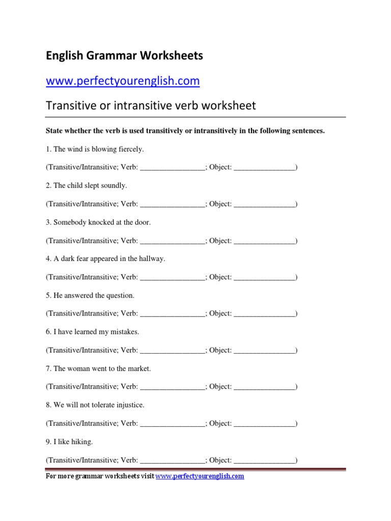 Transitive or Intransitive Verb Worksheet 2 | PDF | Object ...