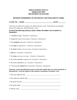 Class VII Englsih Worksheet Transitive Intransitive Verbs - Fill ...