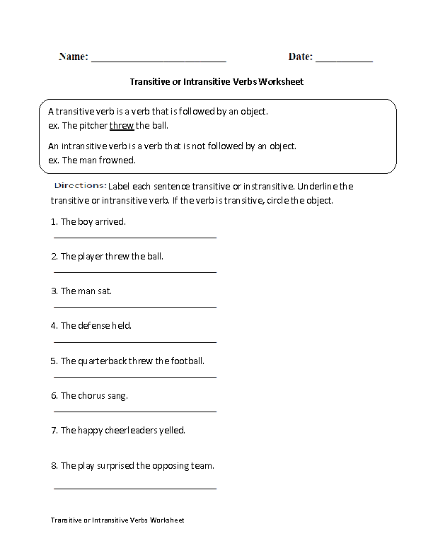 Action Verbs Worksheets | Transitive or Intransitive Action Verbs ...