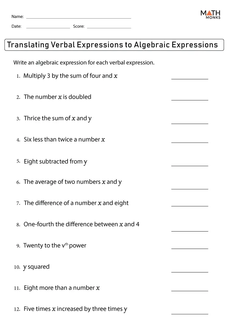 translate algebraic expressions worksheet answers