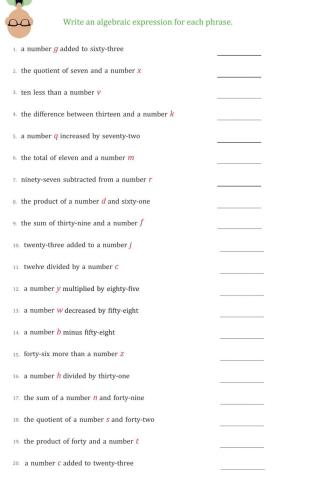 translate algebraic expressions worksheet answers