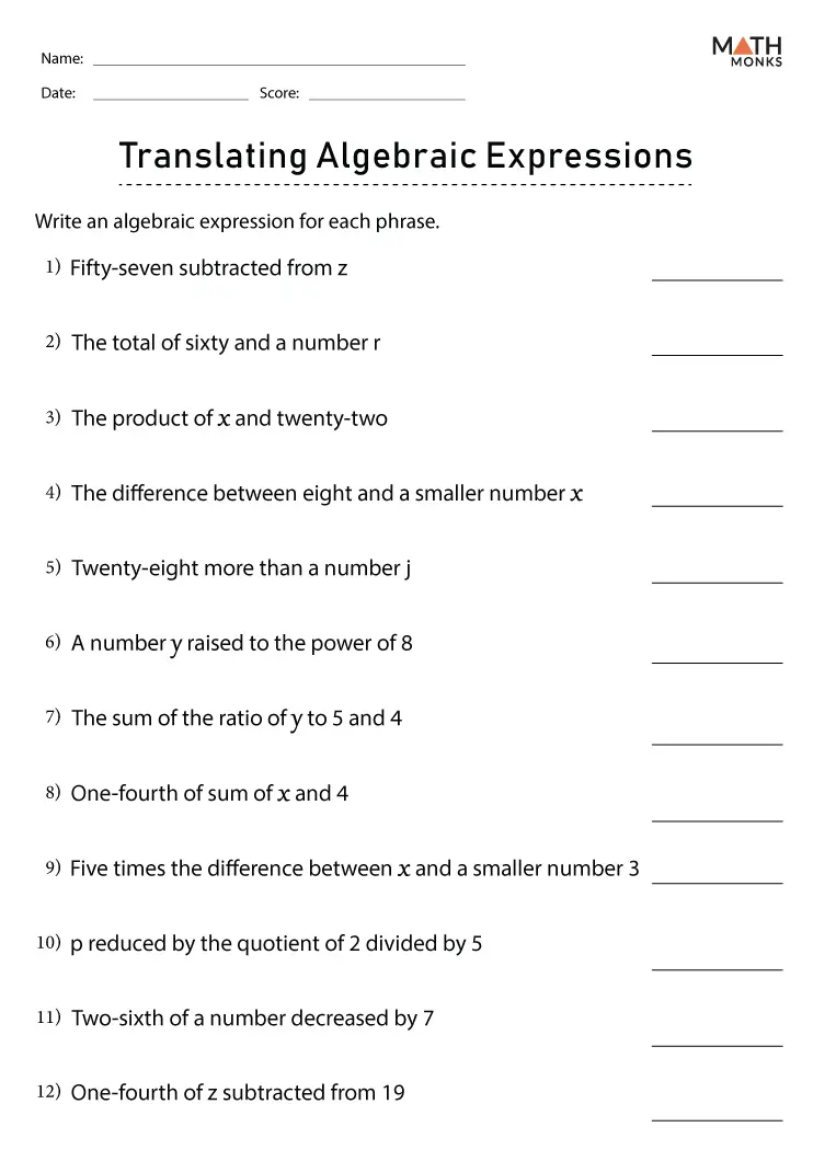translate algebraic expressions worksheet answers