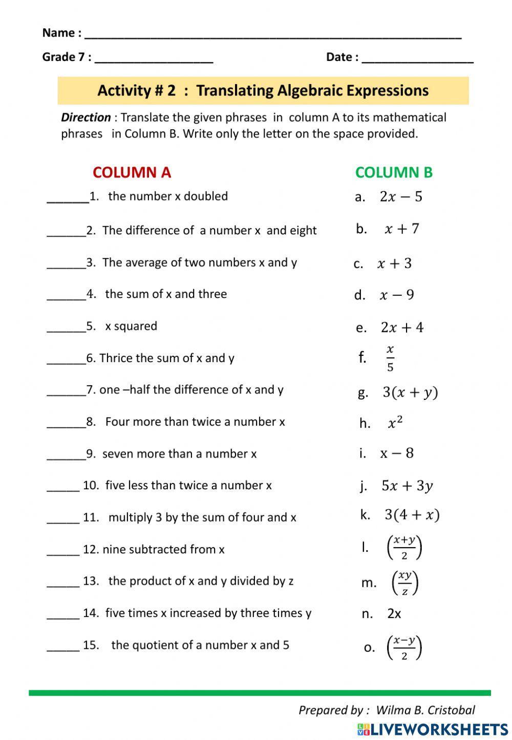 translating algebraic expressions worksheet