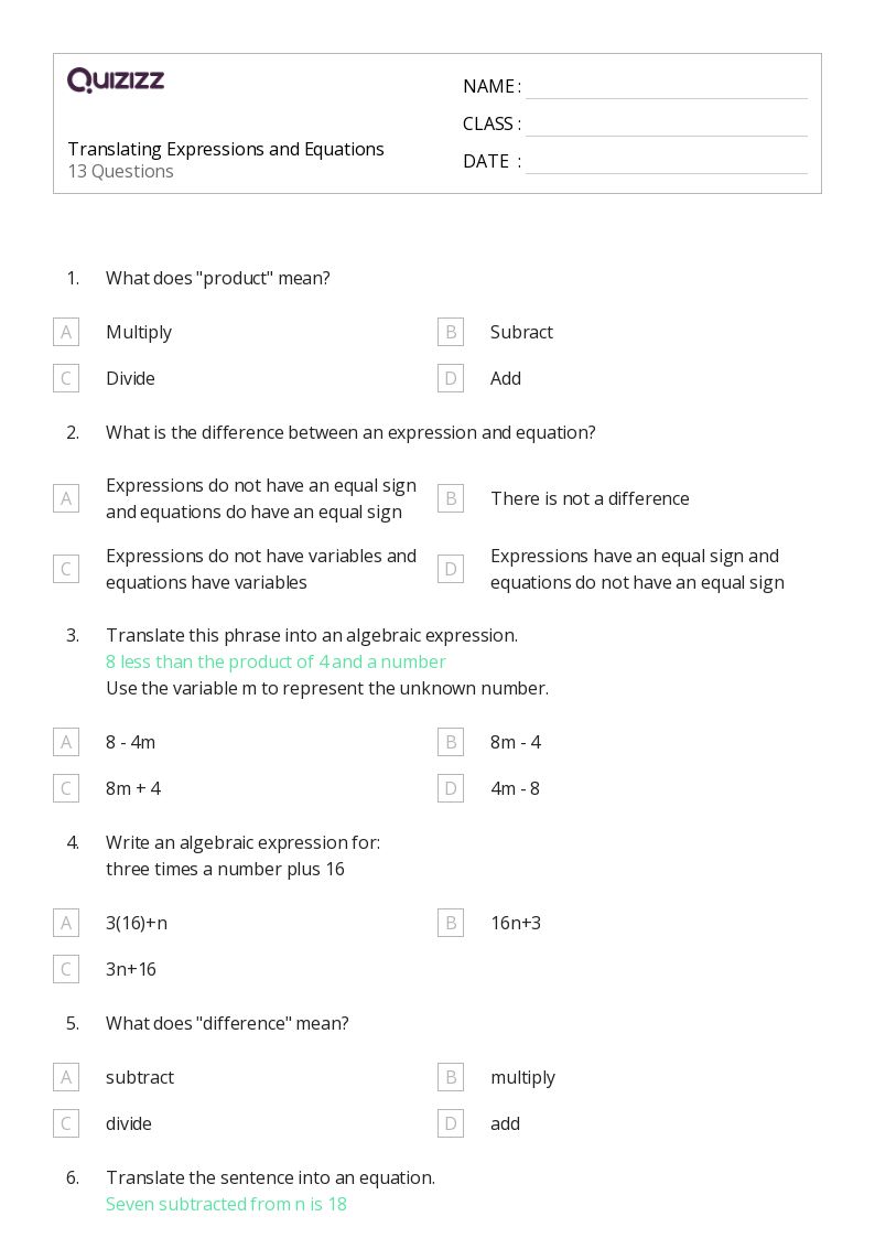 50+ Expressions and Equations worksheets on Quizizz | Free &  Printable