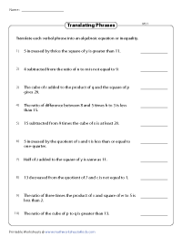 Translating Phrases into Algebraic Expressions Worksheets