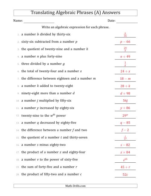 Translating Algebraic Phrases (Simple Version) (A) - Worksheets Library