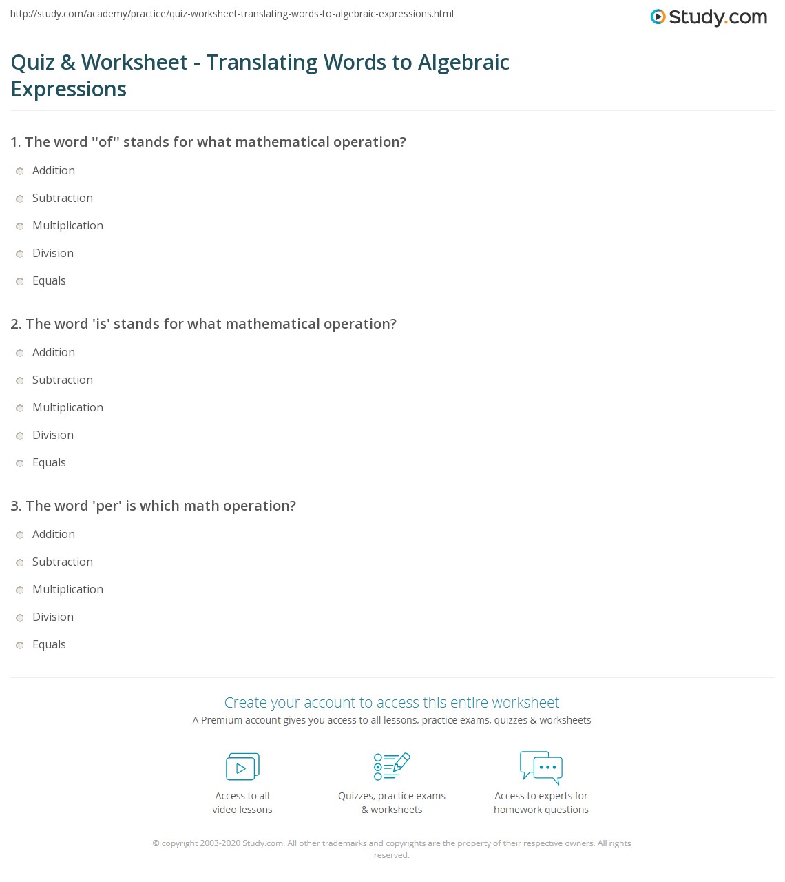Quiz &  Worksheet - Translating Words to Algebraic Expressions ...