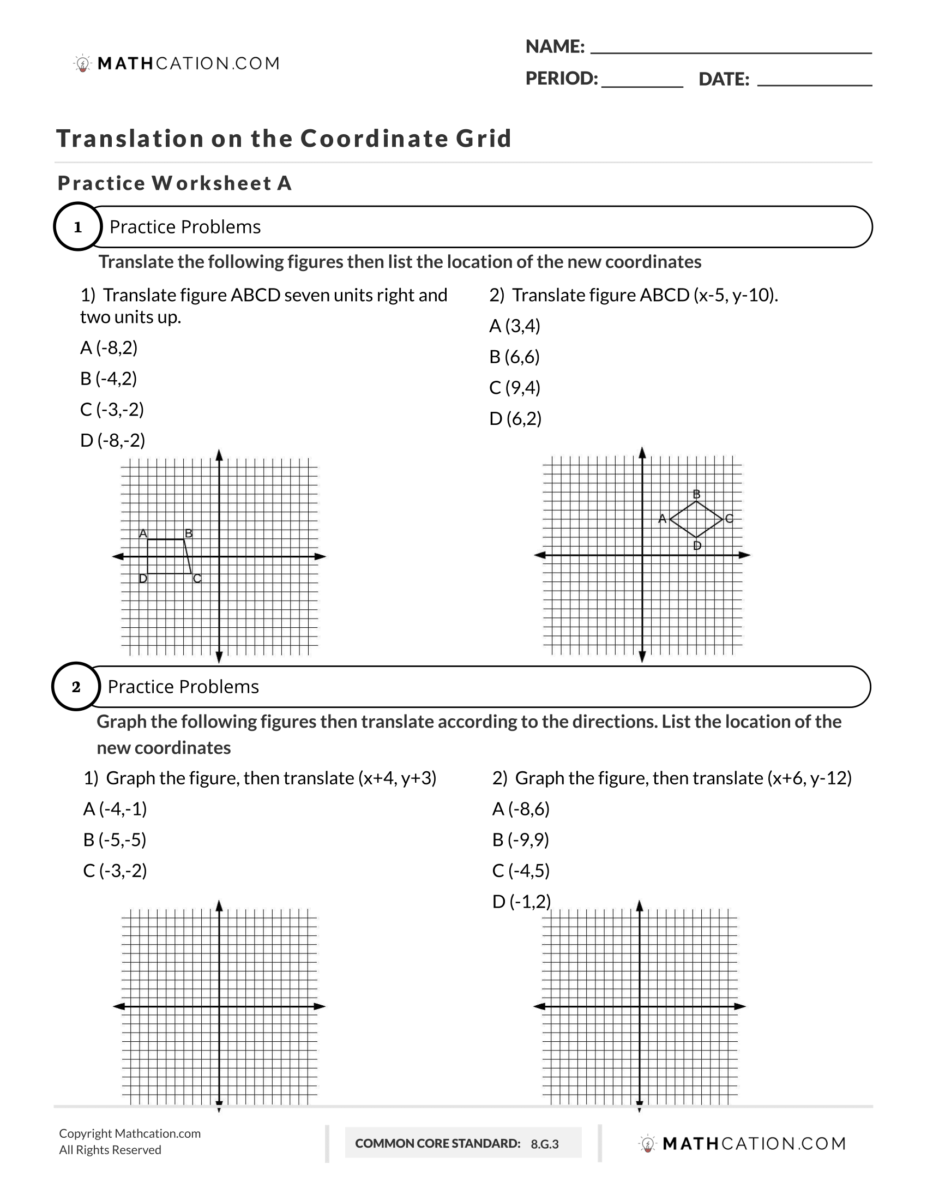 translations math worksheet
