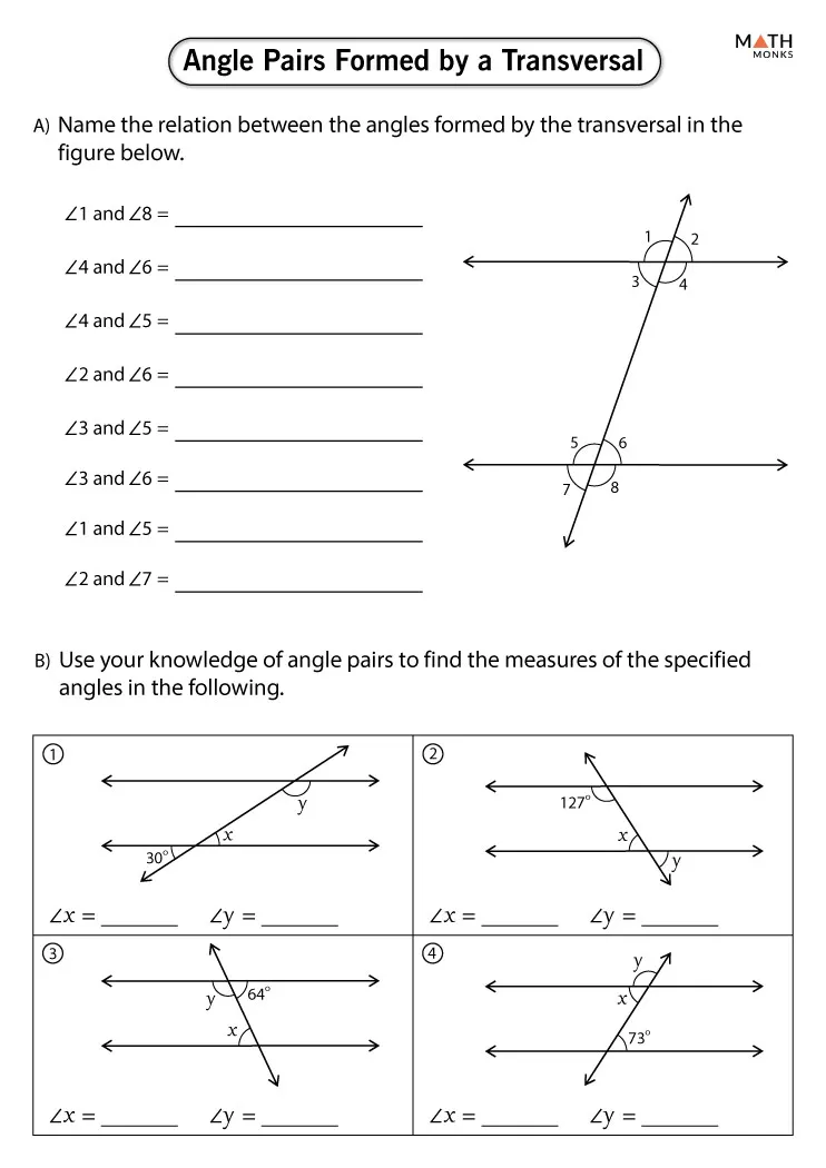 Parallel Lines and Transversals Worksheets - Math Monks
