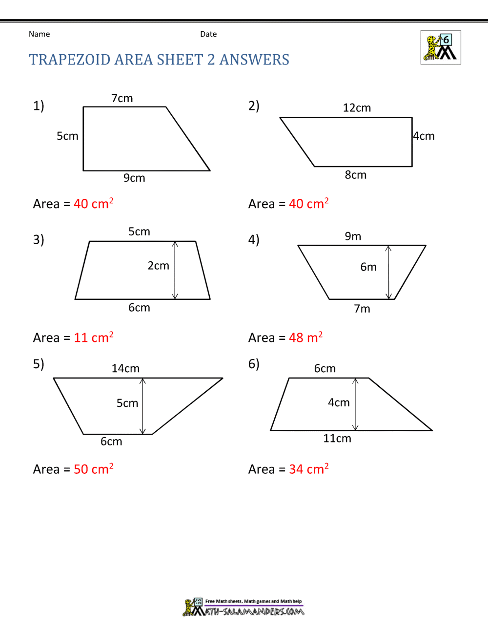 Area of Quadrilateral Worksheets