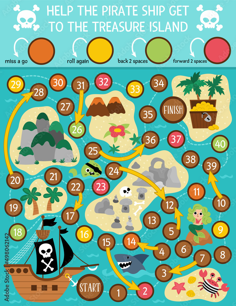 Pirate dice board game for children with treasure island map ...
