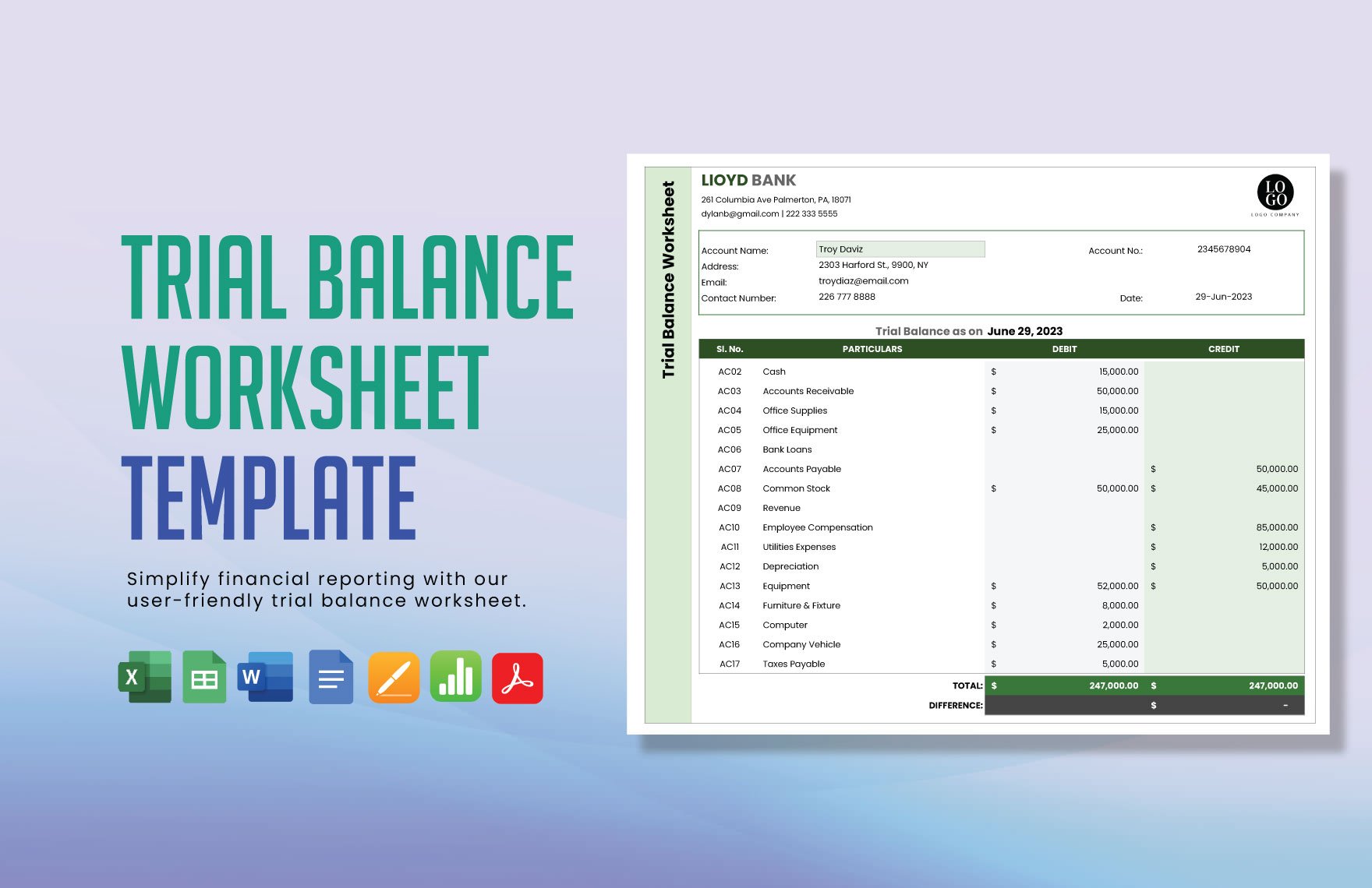Trial Balance Worksheet Template in GDocsLink, Pages, MS Word ...