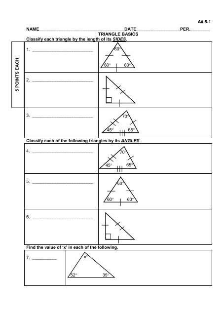 TRIANGLE BASICS Classify each triangle by the ... - Midway ISD
