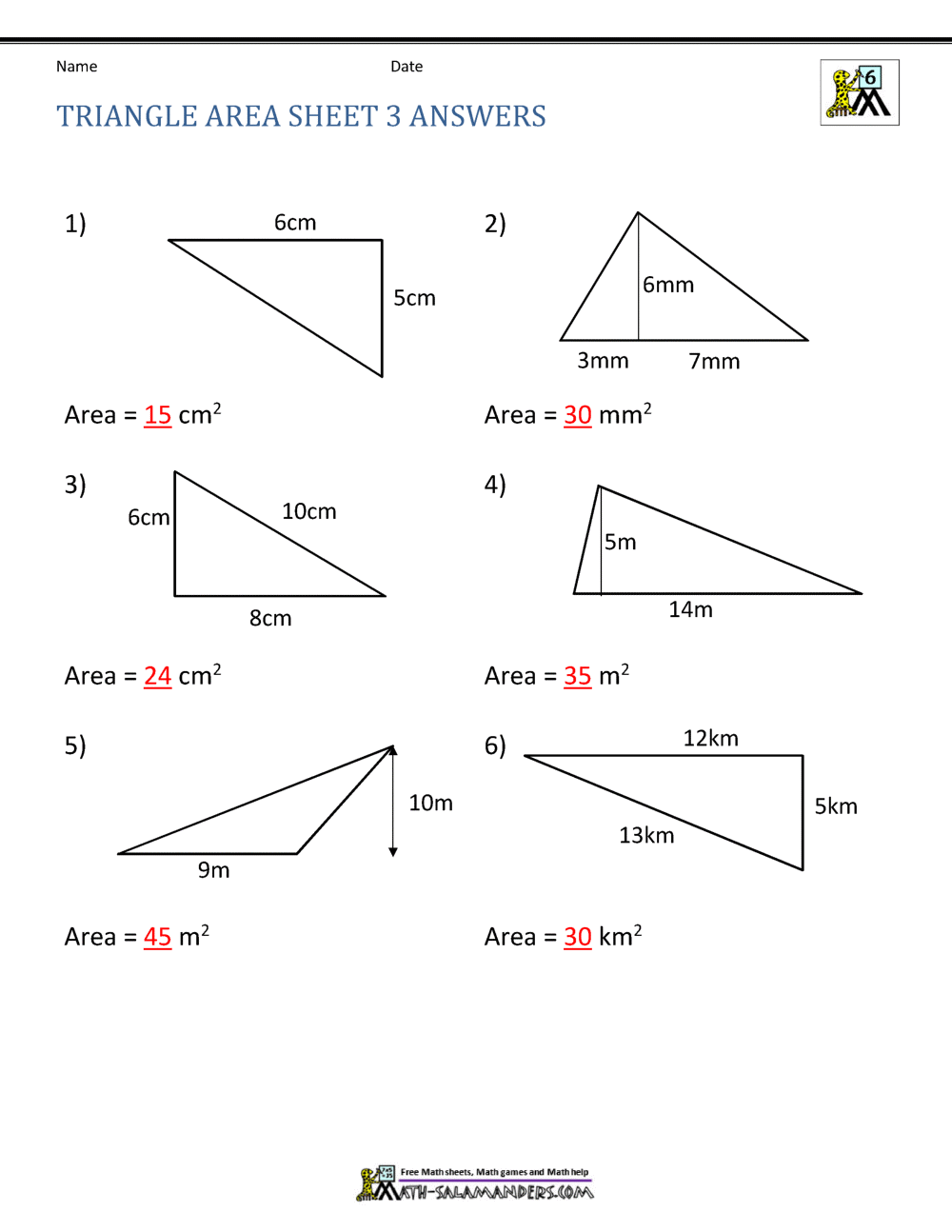 Area of Right Triangle Worksheets