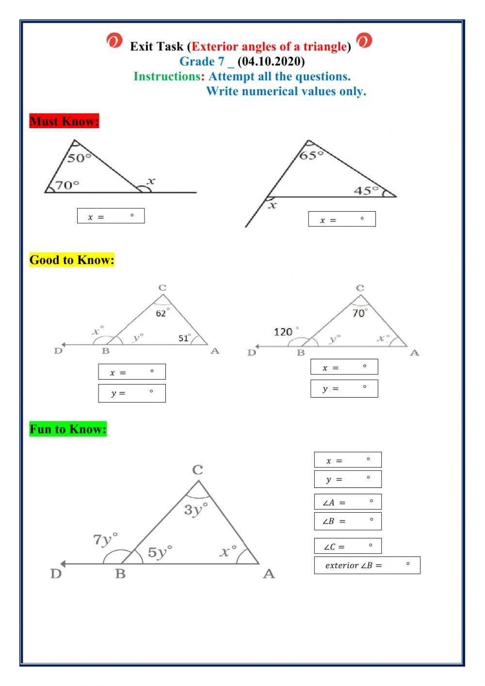 Exterior angles of a triangle worksheet  