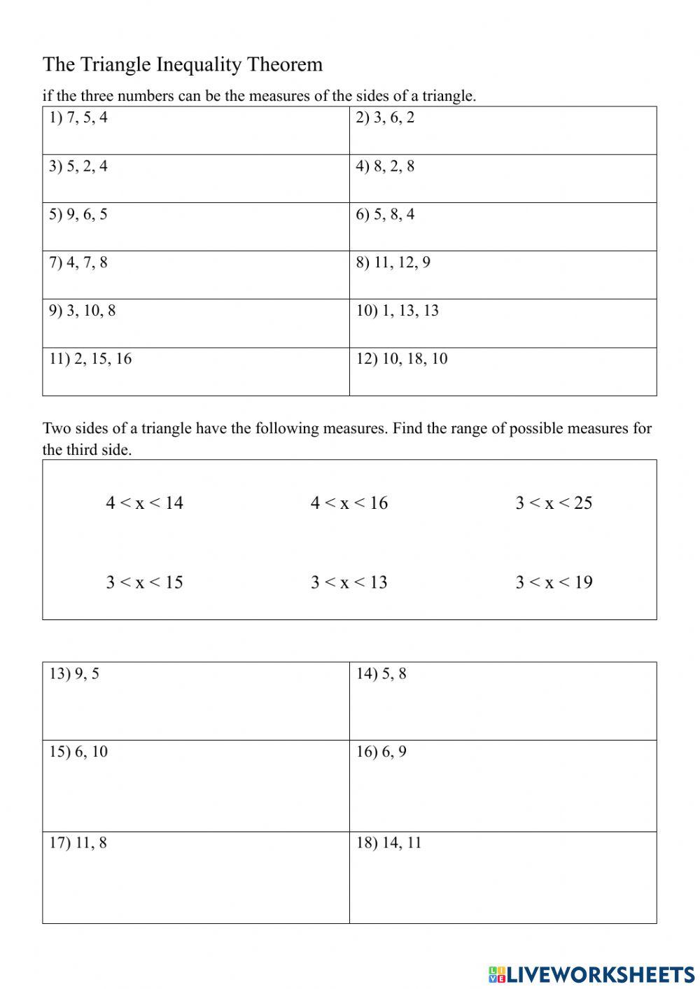 Worksheet Triangle Inequality Theorem Inequalities in Triangles