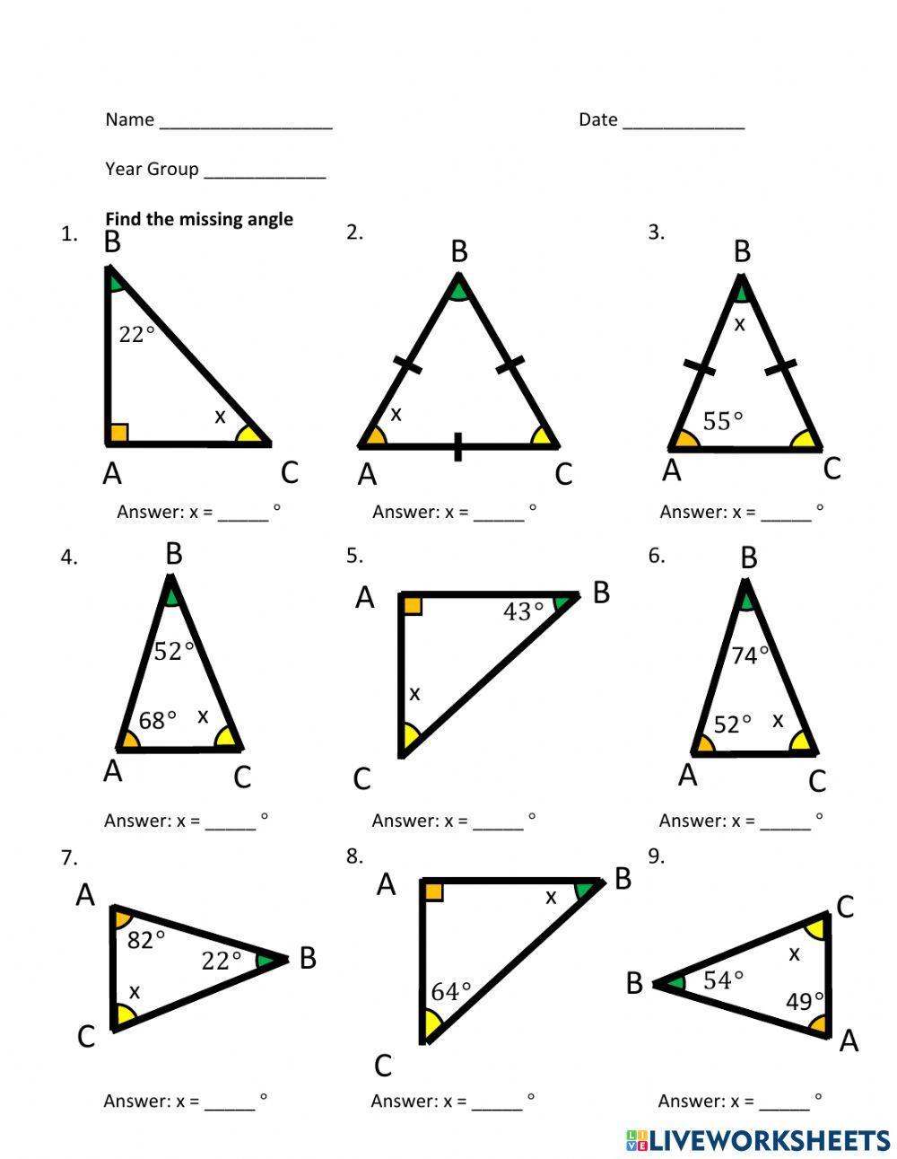 Triangles Find Missing Angle worksheet  