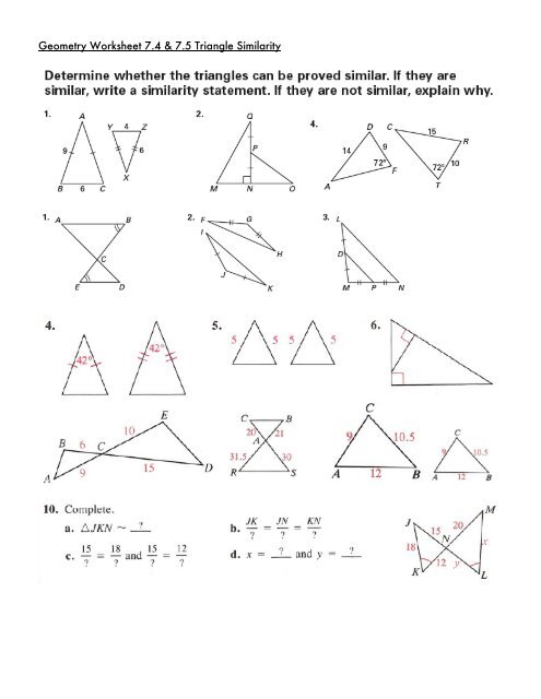 Geometry Worksheet 7.4 &   7.5 Triangle Similarity - Saratoga ...