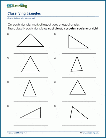 Grade 4 Geometry Worksheets: Classifying triangles | Worsheets library