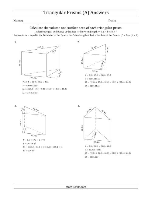 Volume and Surface Area of Triangular Prisms (Black and White) (A)