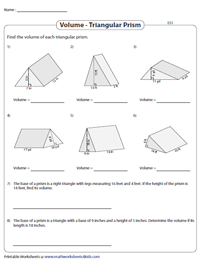 Volume of a Triangular Prism Worksheets