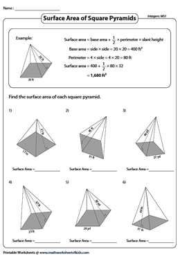 Surface Area of Pyramids Worksheets