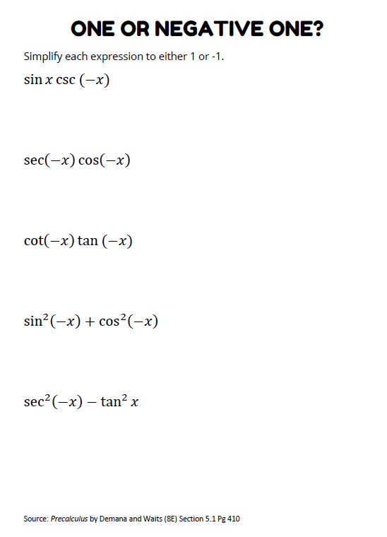 One or Negative One Trig Identities Worksheet | Math = Love