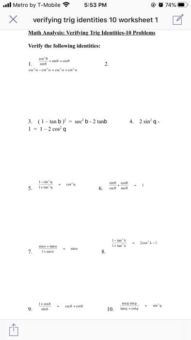 Solved etro by T-Mobile 5:53 PM verifying trig identities 10 ...
