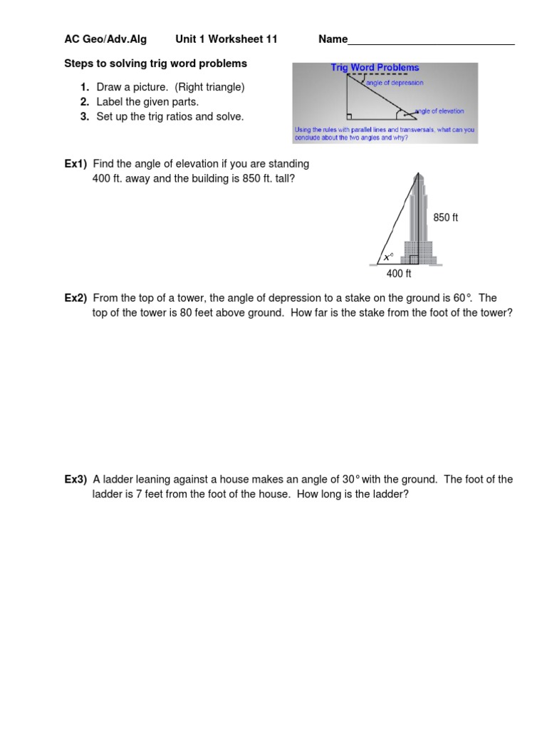 trig ratios word problems worksheet