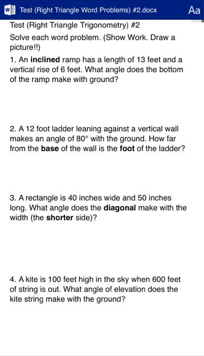 Solved Аа Test (Right Triangle Word Problems) #2.docx Test | Chegg.com