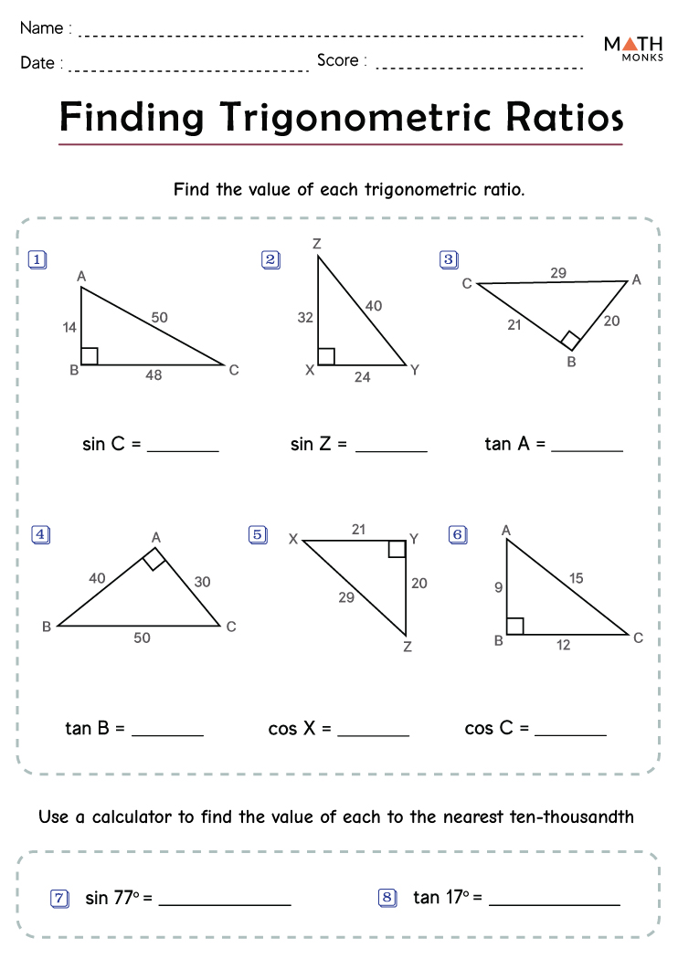 Trigonometric Ratios Worksheets - Math Monks