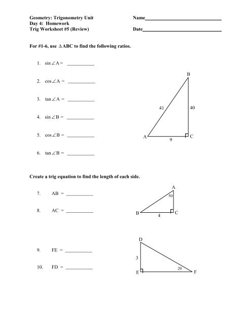 Trig Worksheet #5 (Review