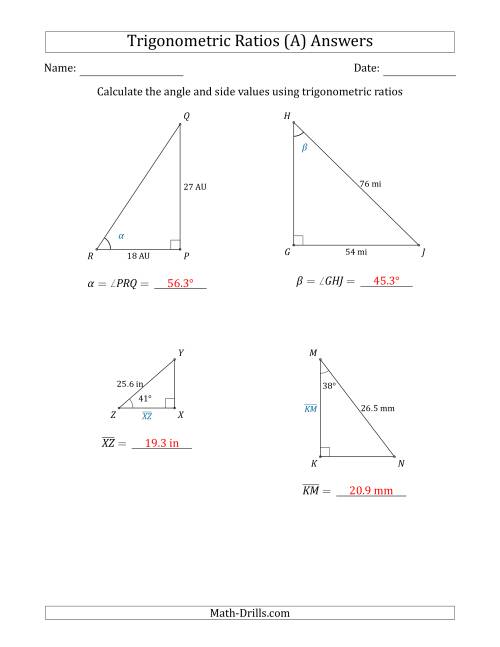 Calculating Angle and Side Values Using Trigonometric Ratios (A)