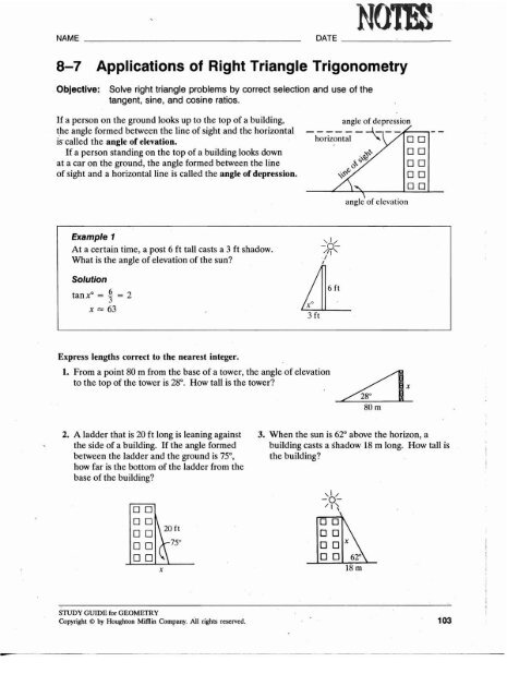 Geometry 8-7 Applications Of Right Triangle Trigonometry