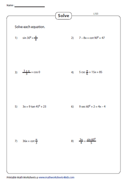 Solving Trigonometric Equations Worksheets