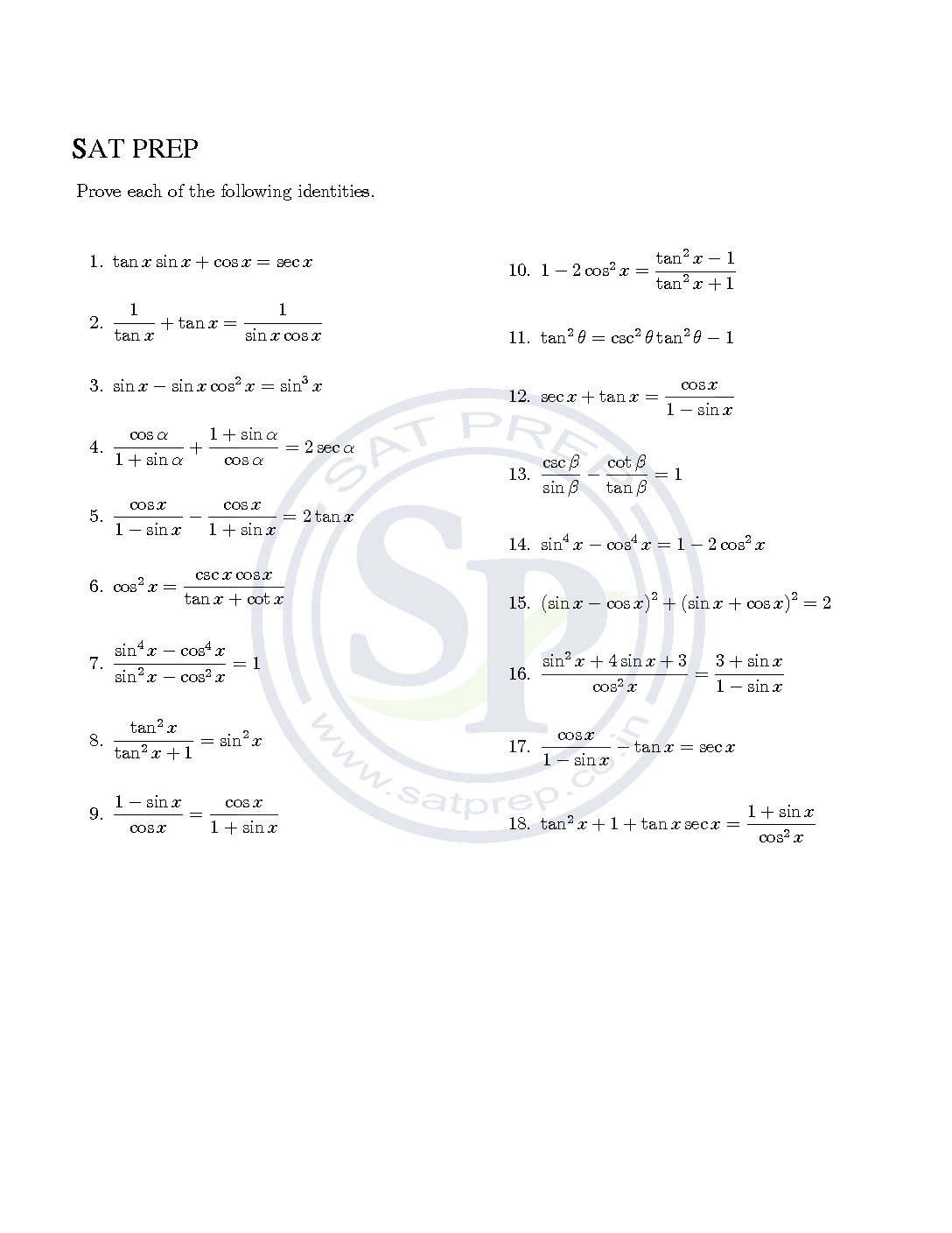 Worksheet of trigonometric identities . we also use algebraic ...