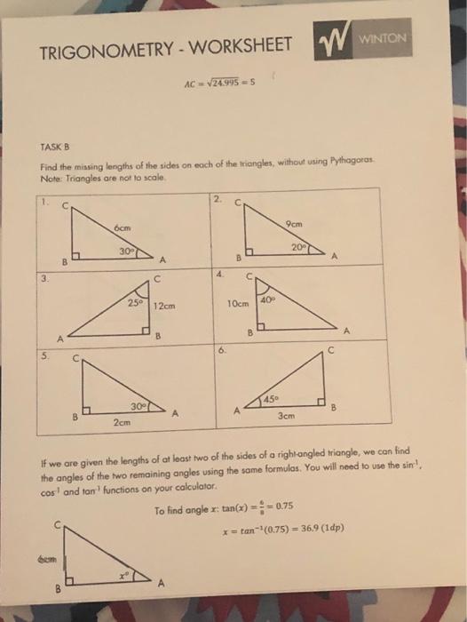 Solved W WINTON TRIGONOMETRY - WORKSHEET AC = 2.995-5 TASK B ...
