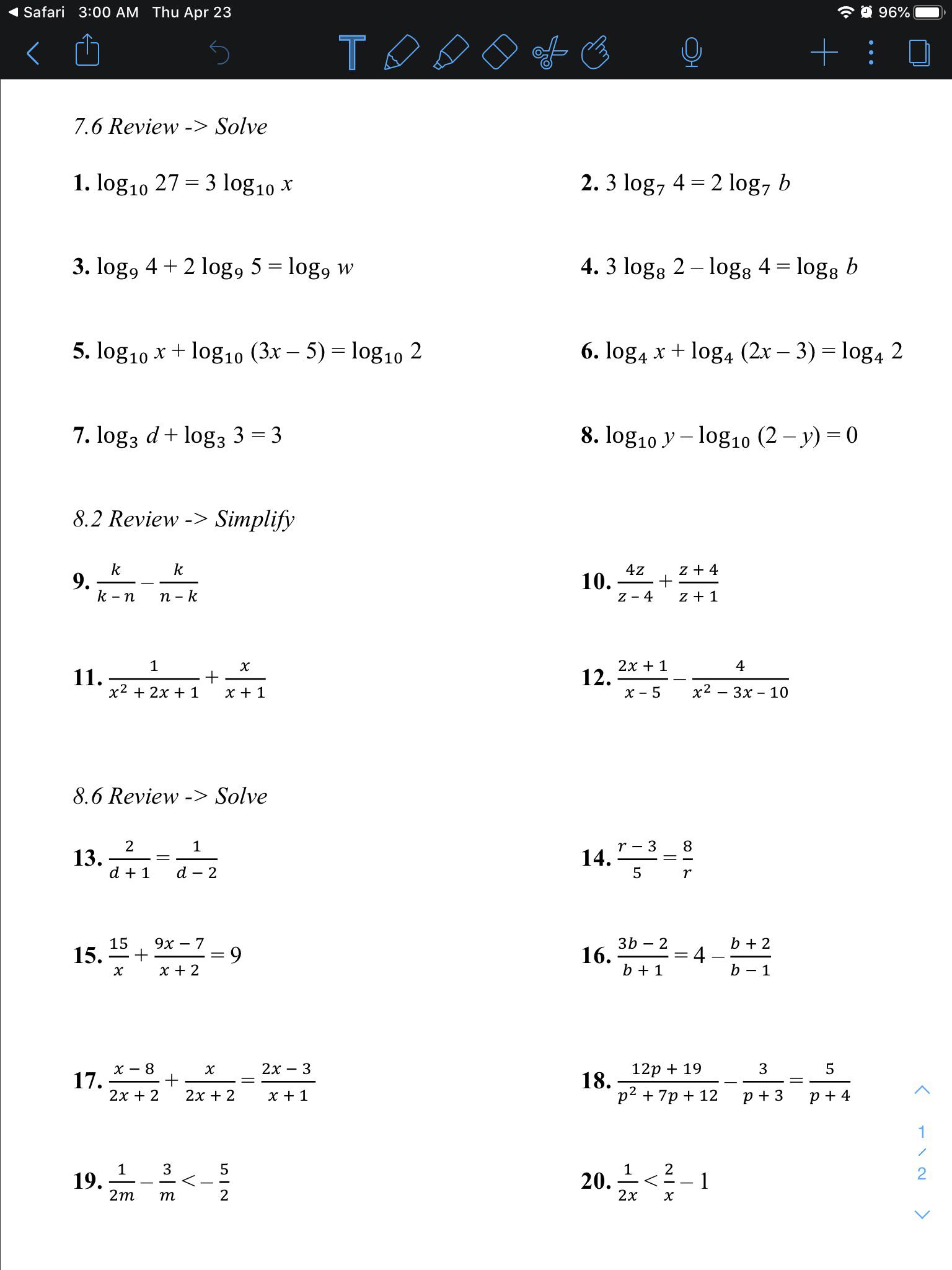 Can someone help with this worksheet? [Grade 9 Algebra 2 ...