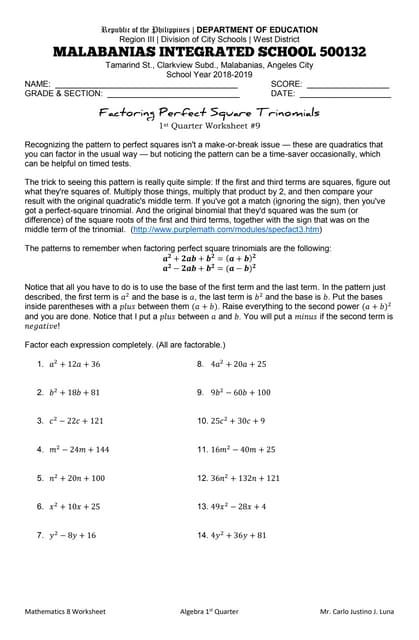 Factoring Perfect Square Trinomials Worksheet | PDF