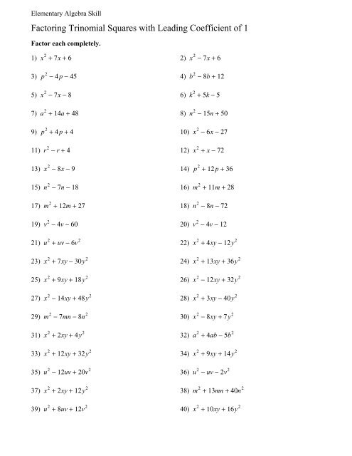 Factoring Trinomial Squares with Leading Coefficient of 1 worksheet